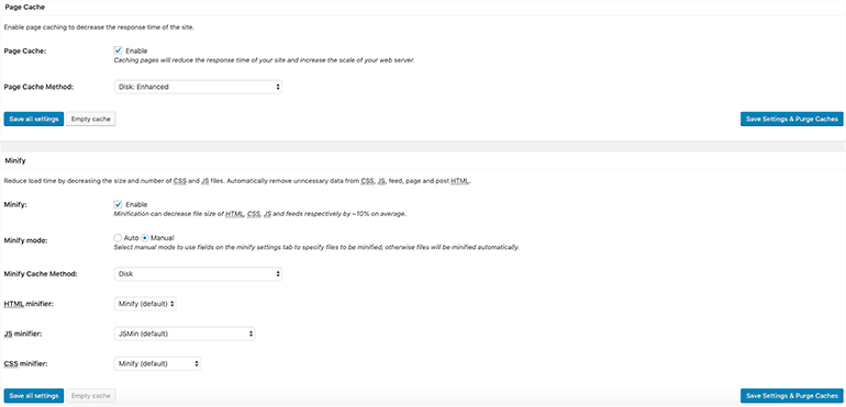 Page cache and minify for site speed