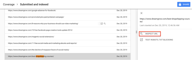 inspect url in google search console